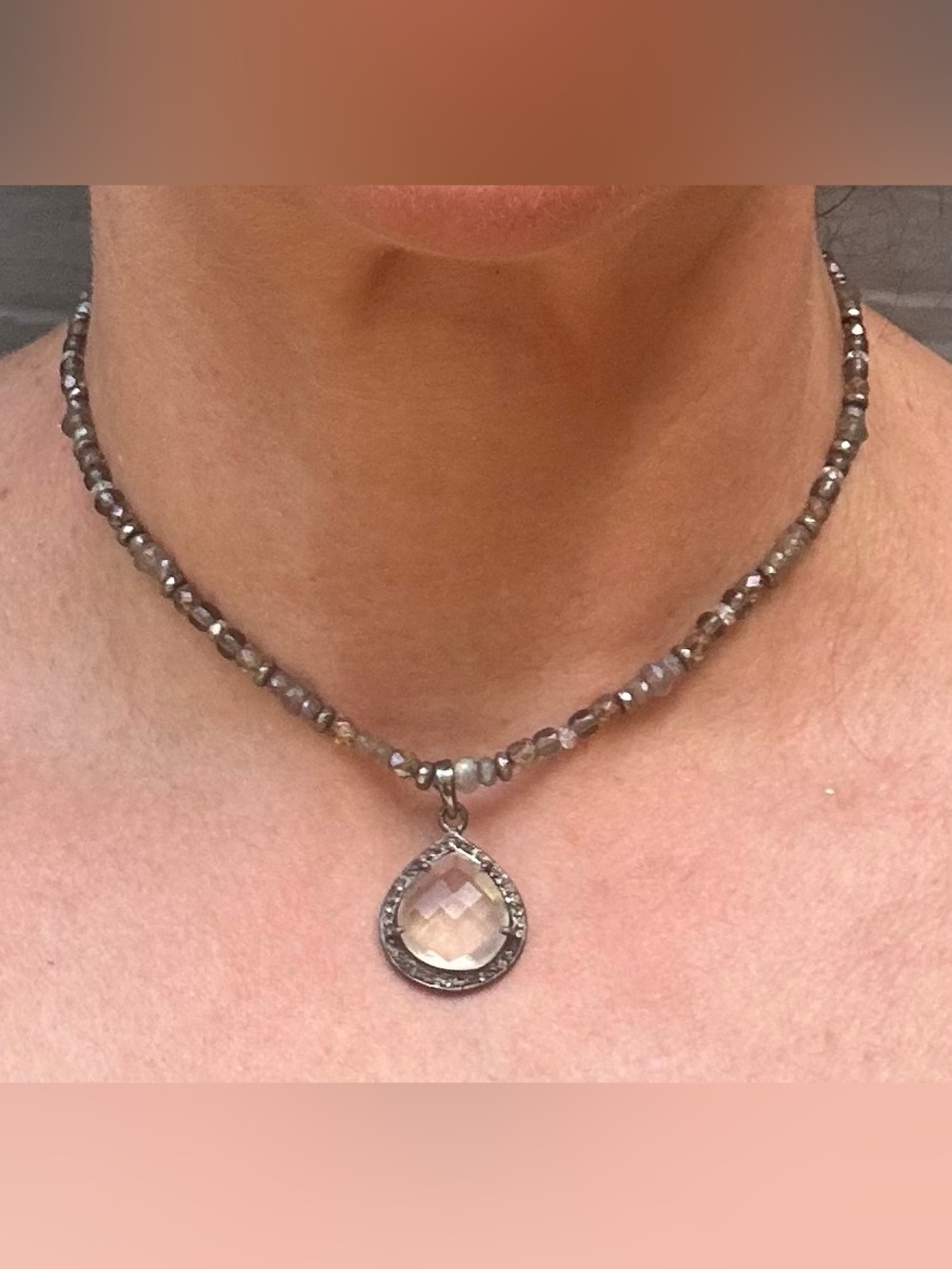 NWOT Artisan Faceted Gray Bead Necklace with Teardrop Pendant